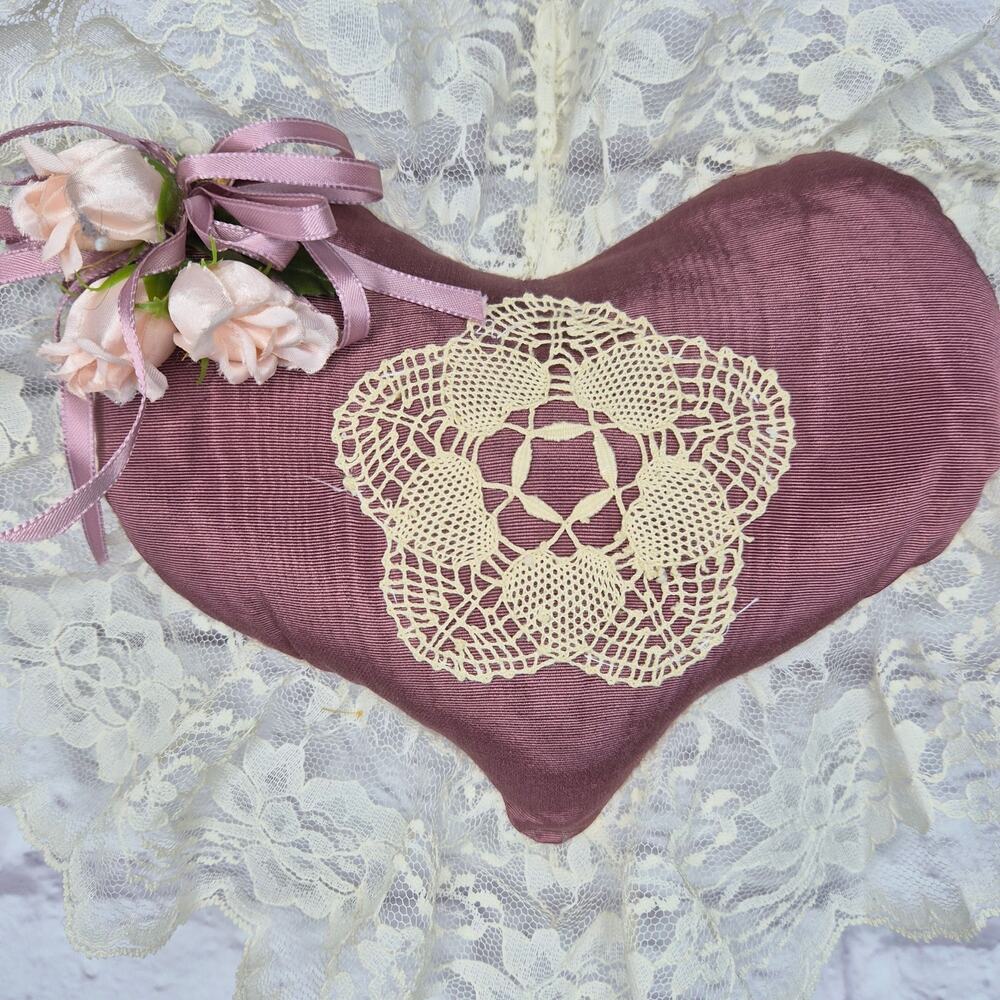 Vintage Victorian Heart Pillow Wall Hanging Grandmacore Lace Boudoir Decor